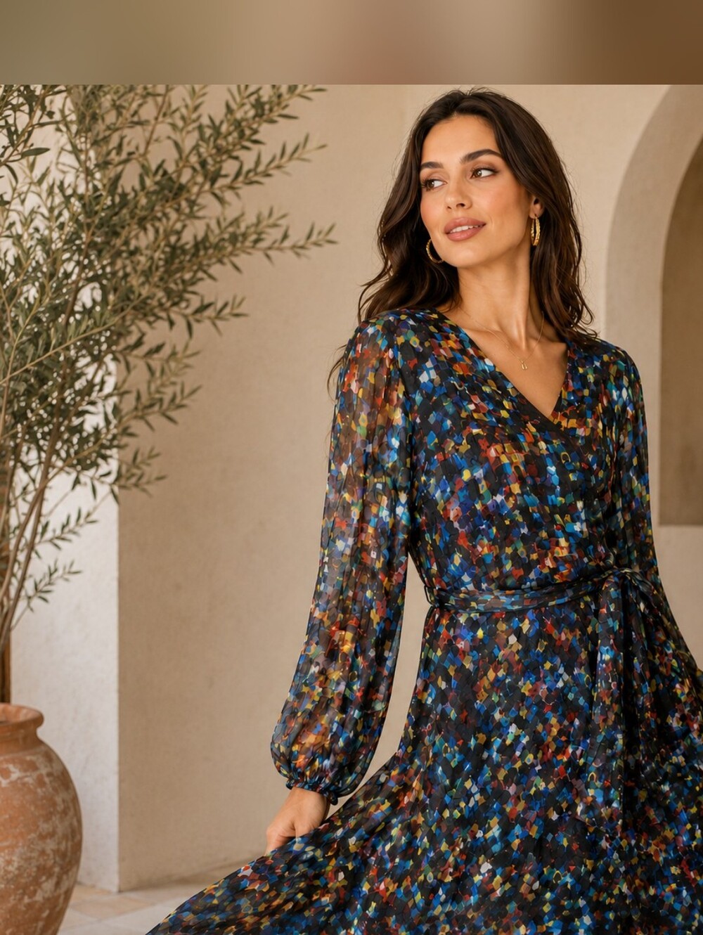Marée Pour Toi Abstract Print Wrap Dress Women's 22 Multicolor Sheer Slv #1647